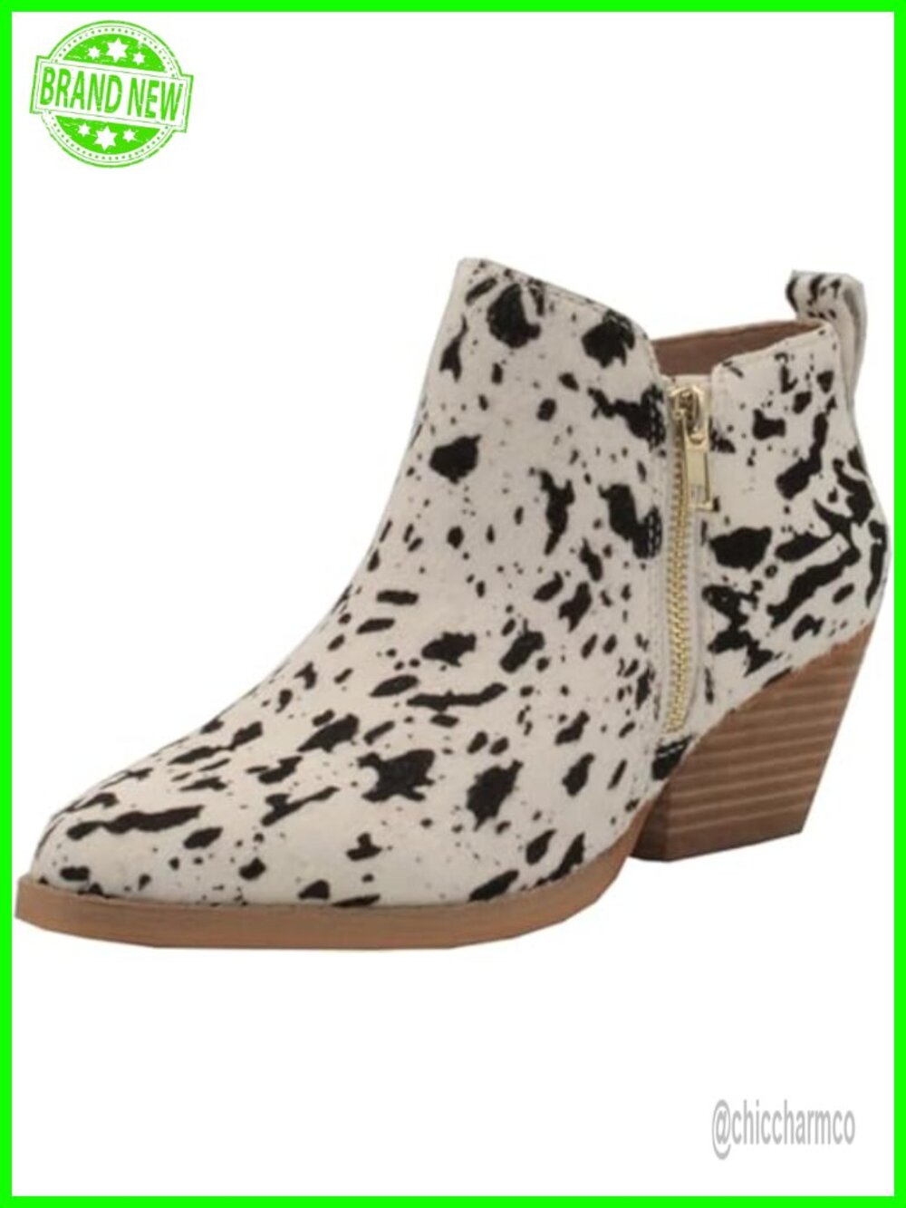 Genuine Haircalf Ankle Bootie Pointed Toe Western Stacked Heel Double Zip